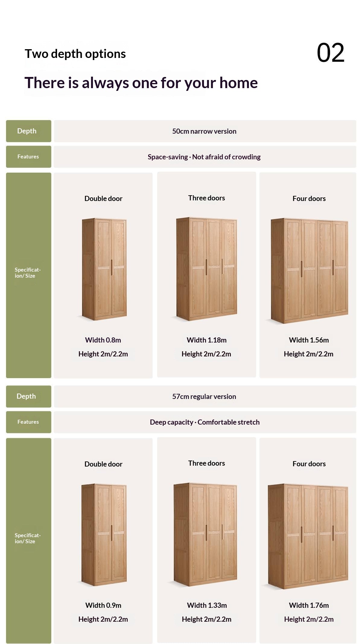 Oak Solid Wood narrow Wardrobe with Framed Panel Doors and Adjustable Layout