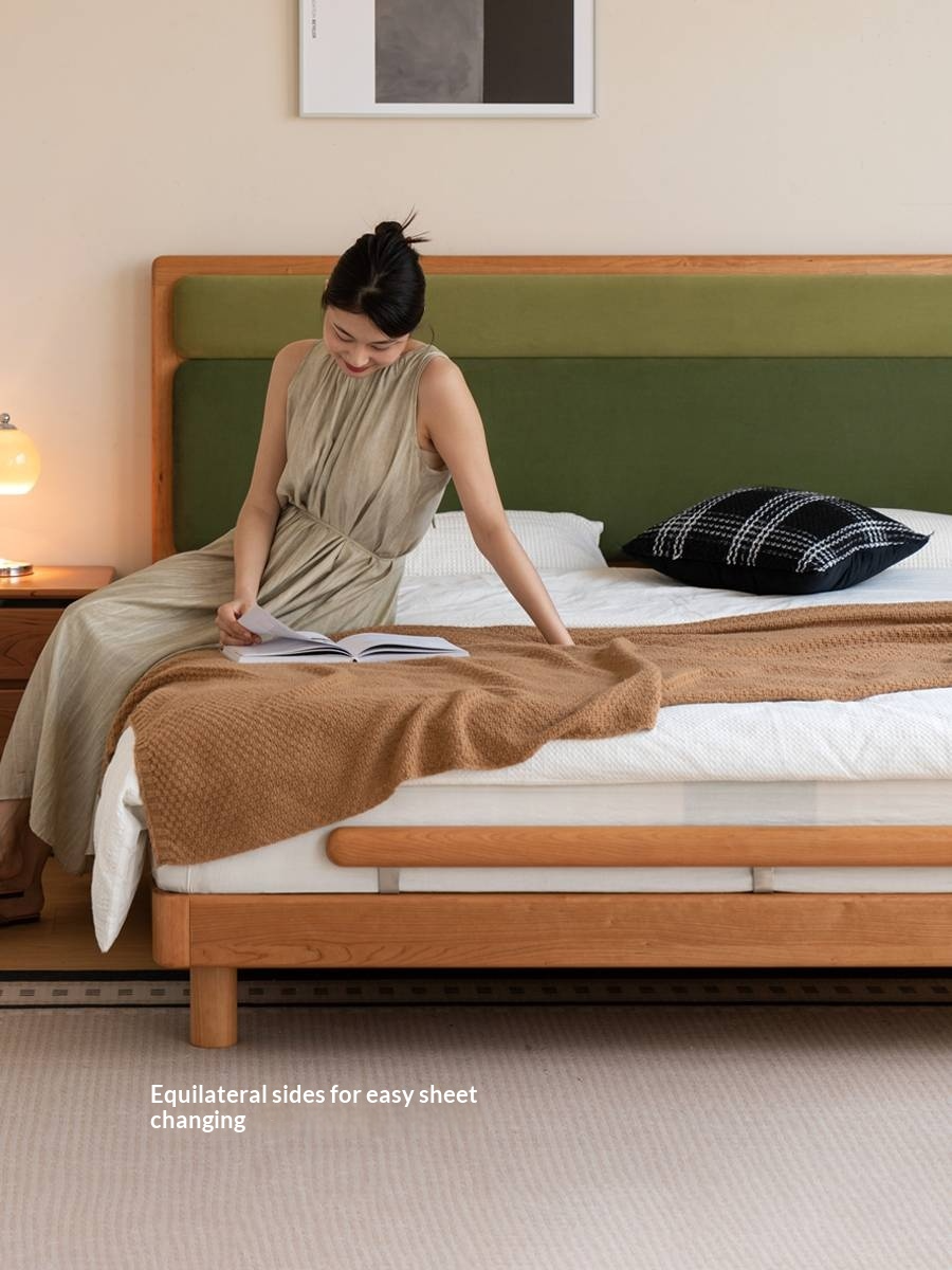 Cherry Solid Wood Fabric Soft Backrest Bed Modern Minimalist