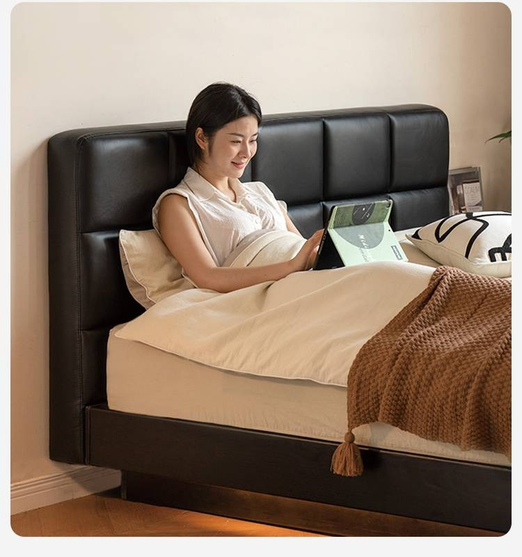 Oak Solid Wood Genuine Leather Upholstered Box Bed Retro Black Floating Bed