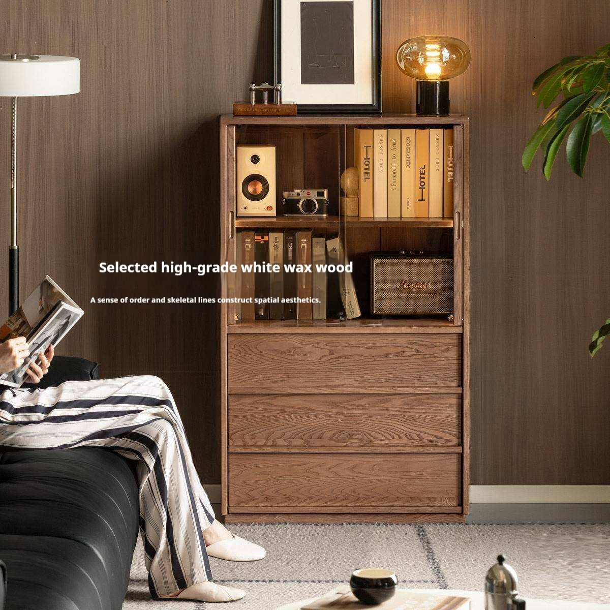 White Ash Solid Wood Side Cabinet with Italian Light Luxury Style