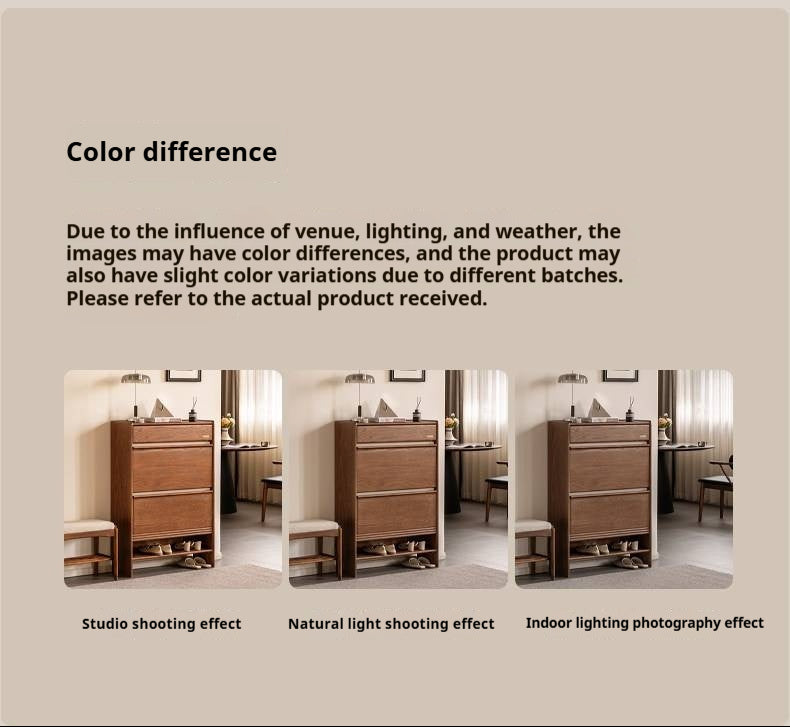Oak Solid Wood Modern Shoe Cabinet with Flip Drawers and Open Shelf