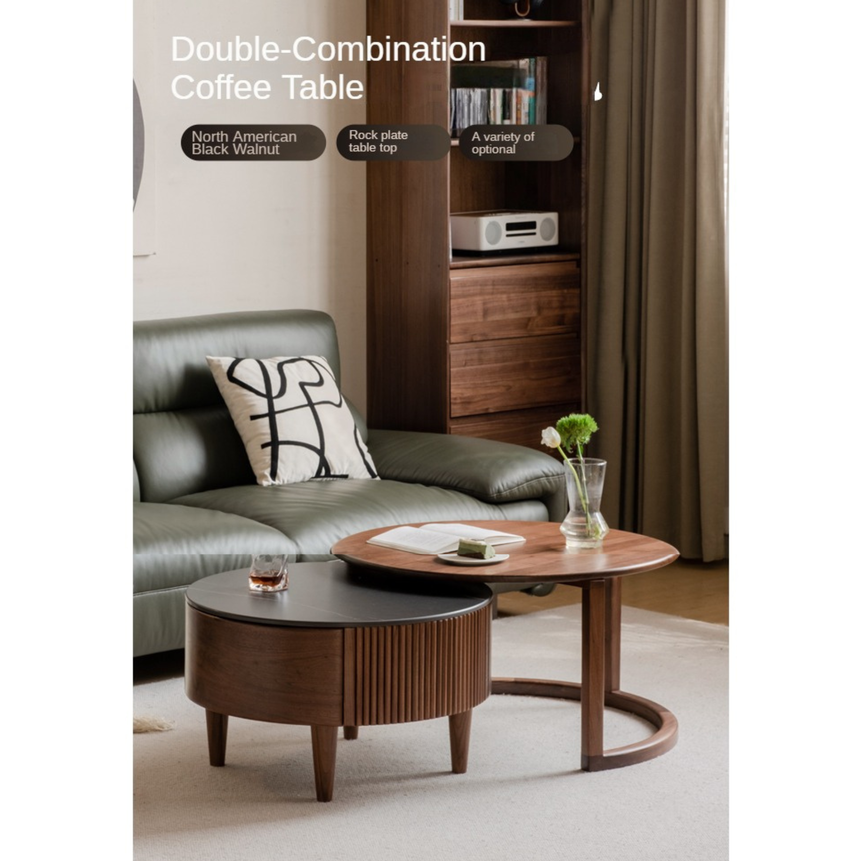 Black Walnut, Ash Solid Wood Combination Rock Plate Coffee Table