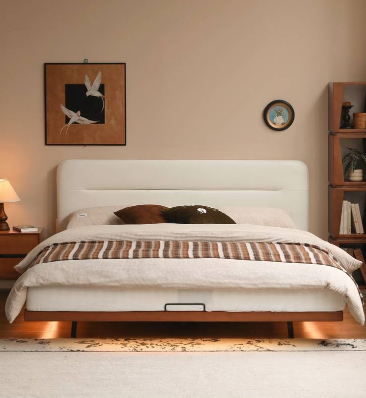 Poplar Solid Wood Floating Soft Bed, Vintage with Light