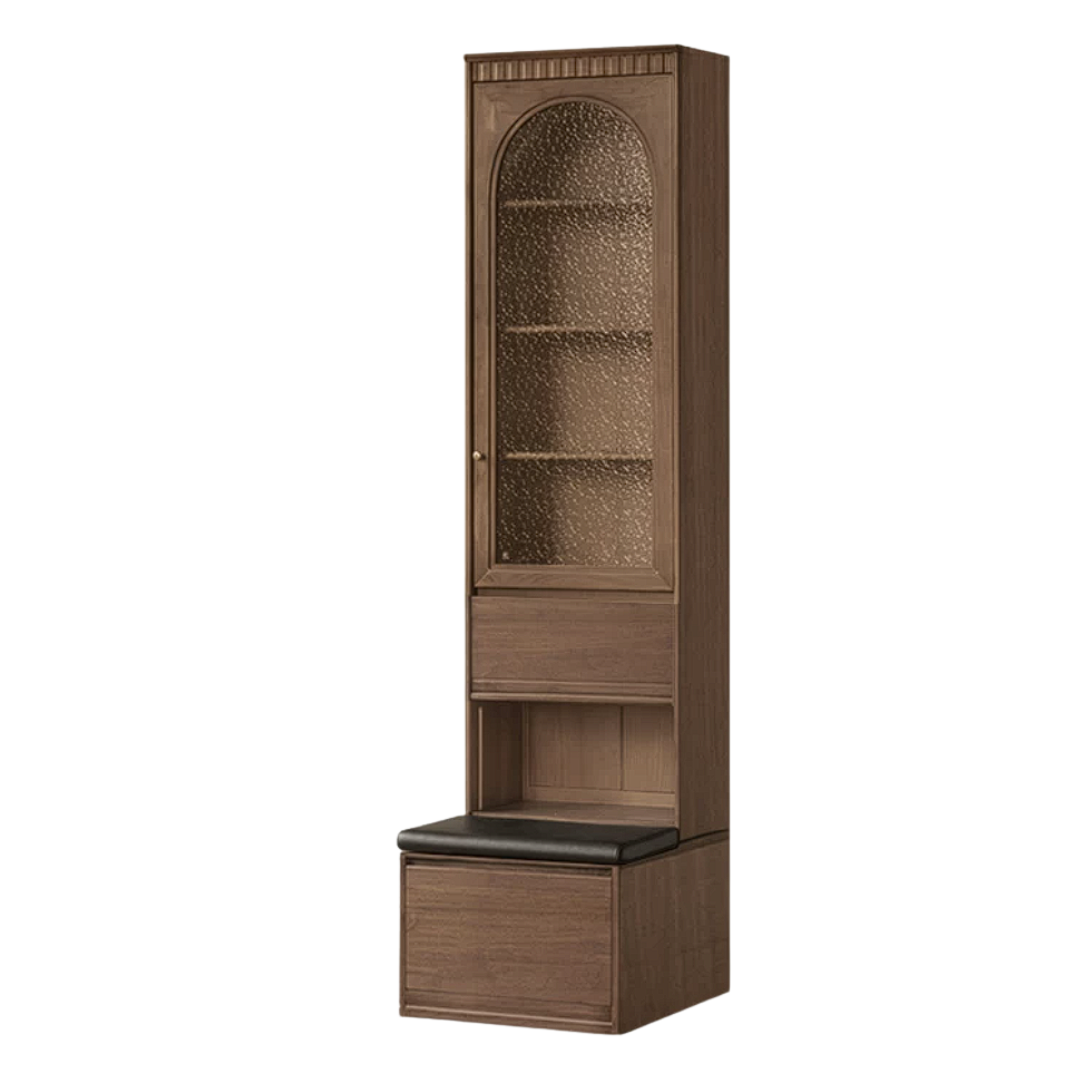 Black Walnut, Sandalwood Solid Wood Library Wall Unit with Arched Glass Doors