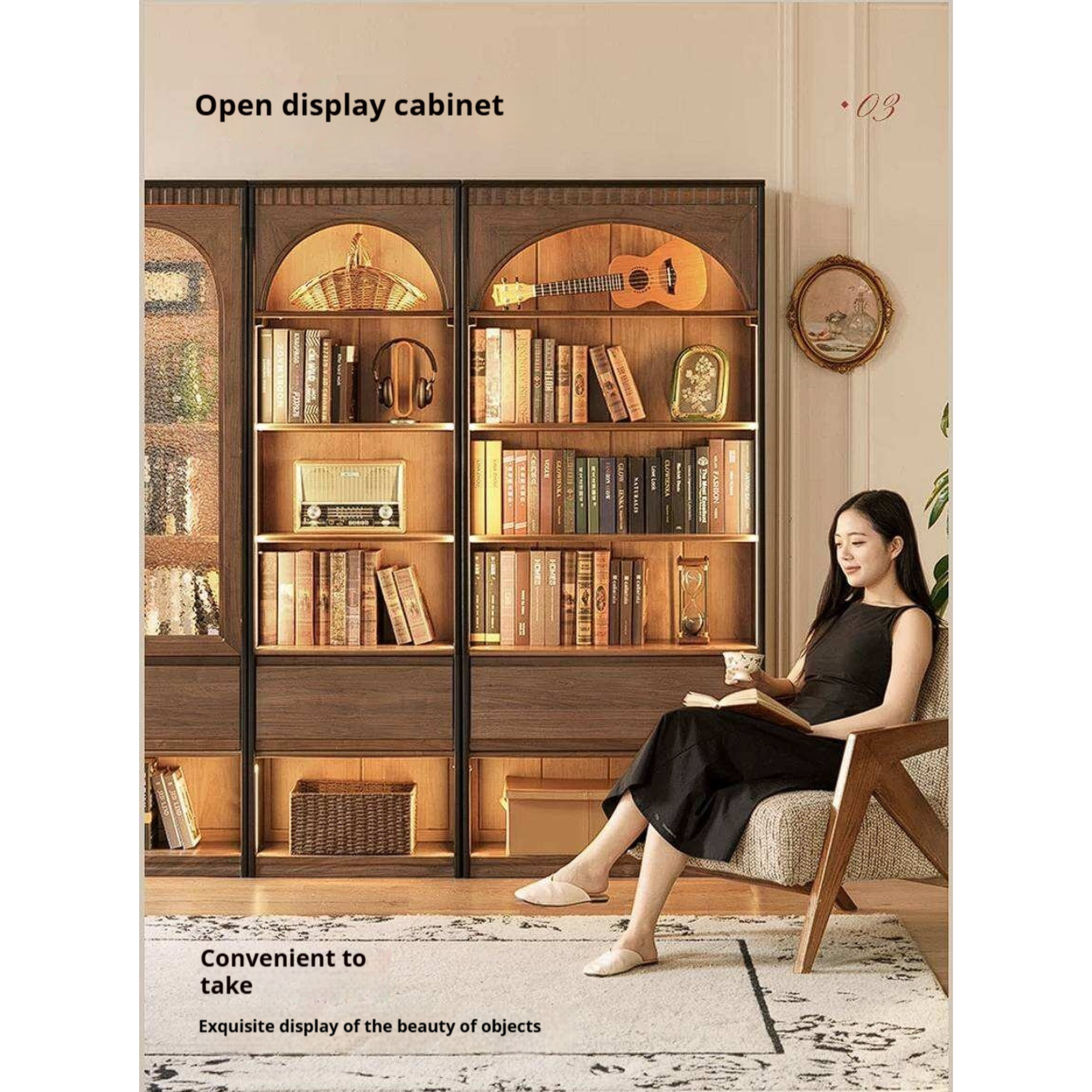 Black Walnut Solid Wood Bookcase with French Retro Display Cabinet