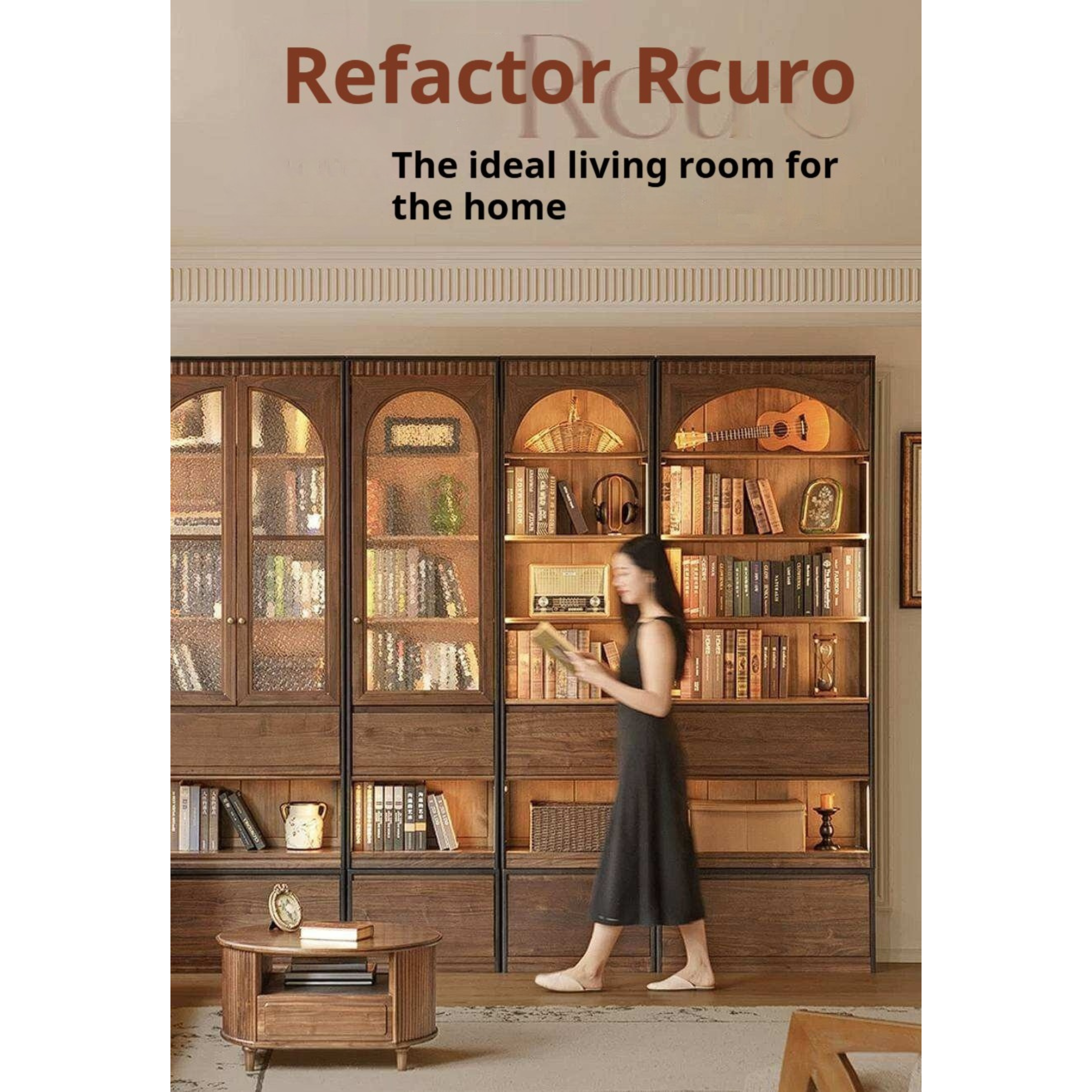 Black Walnut Solid Wood Bookcase with French Retro Display Cabinet