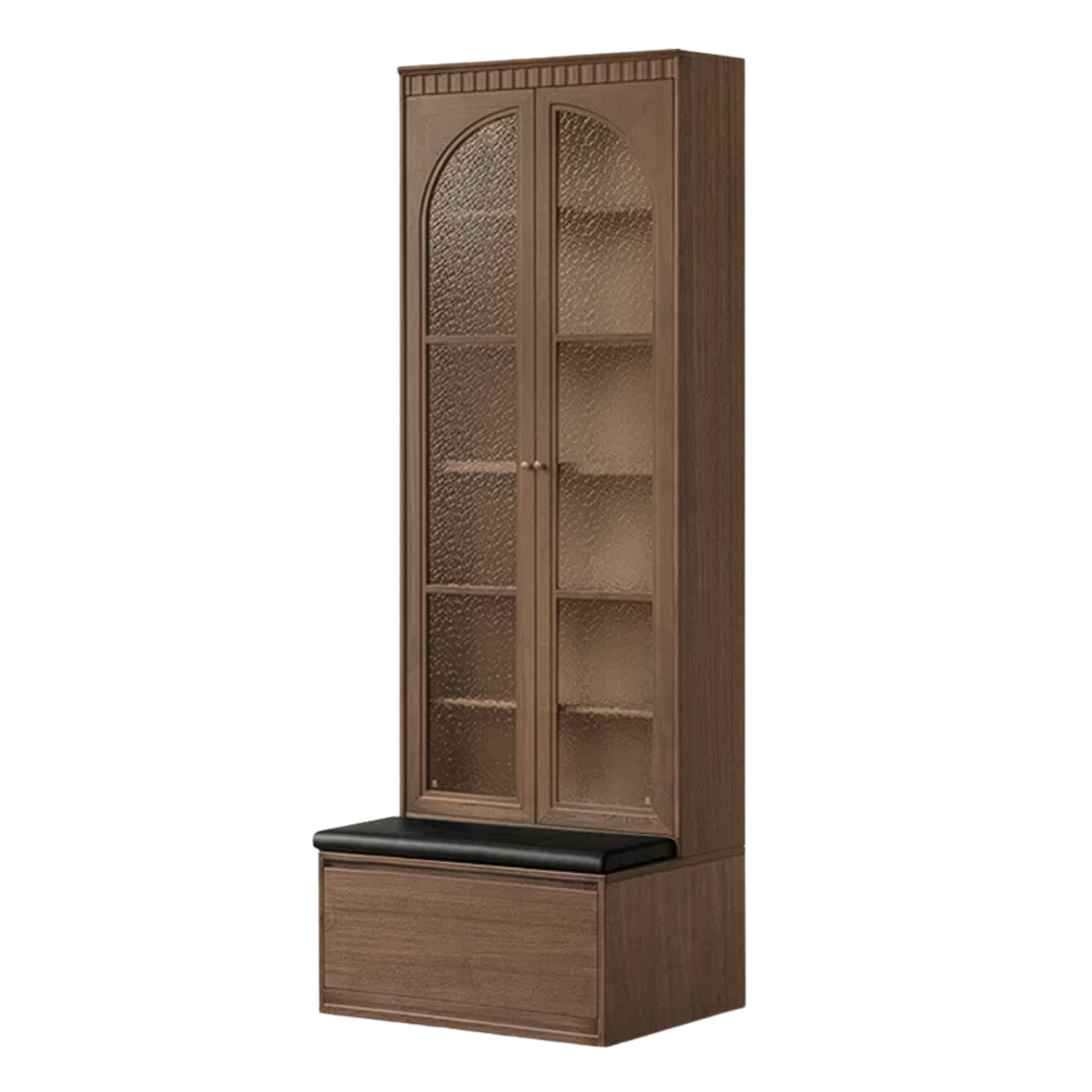 Black Walnut, Sandalwood Solid Wood Library Wall Unit with Arched Glass Doors