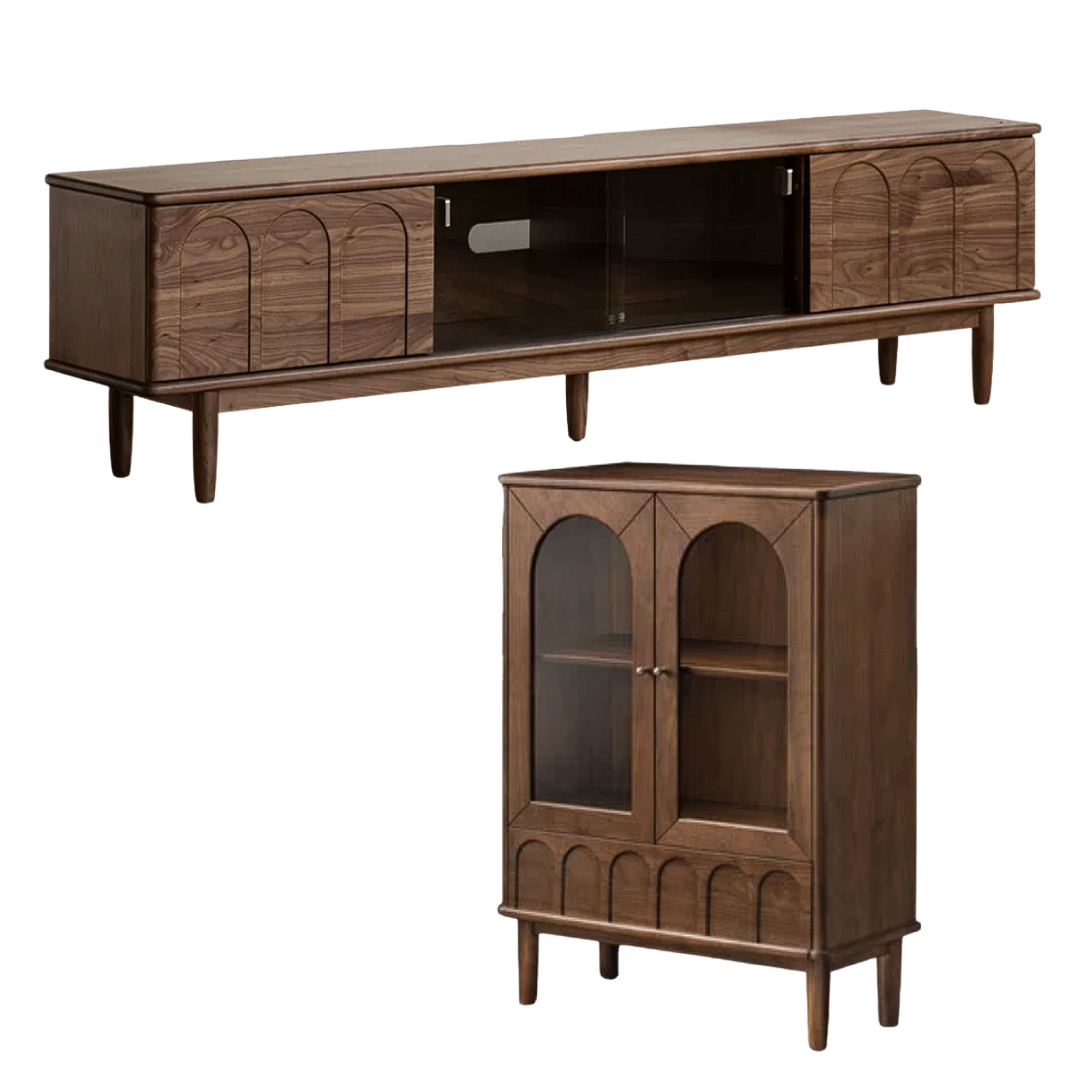 Black Walnut Solid Wood TV Stand with Arched Fluted Door Panels, Tapered Legs