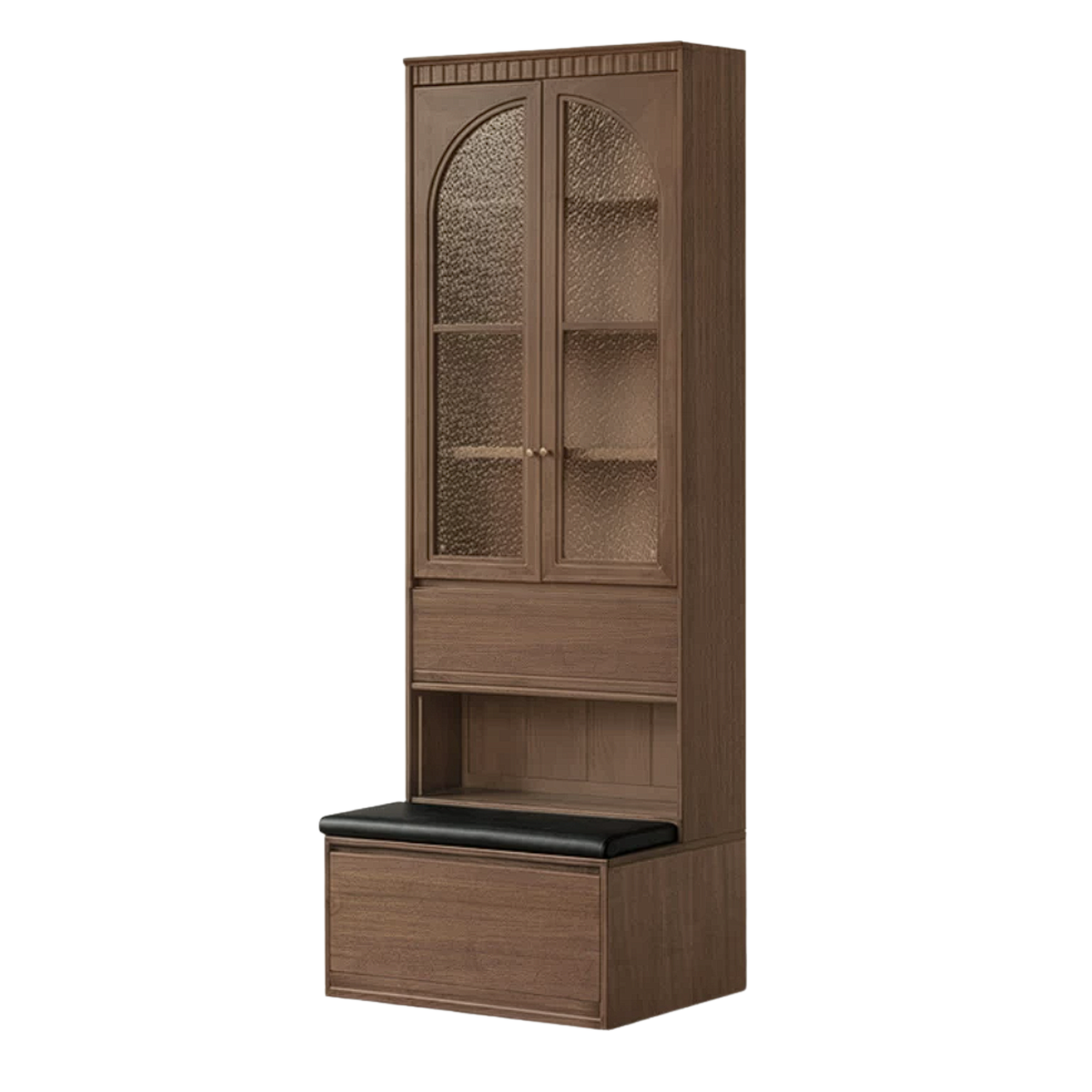 Black Walnut, Sandalwood Solid Wood Library Wall Unit with Arched Glass Doors