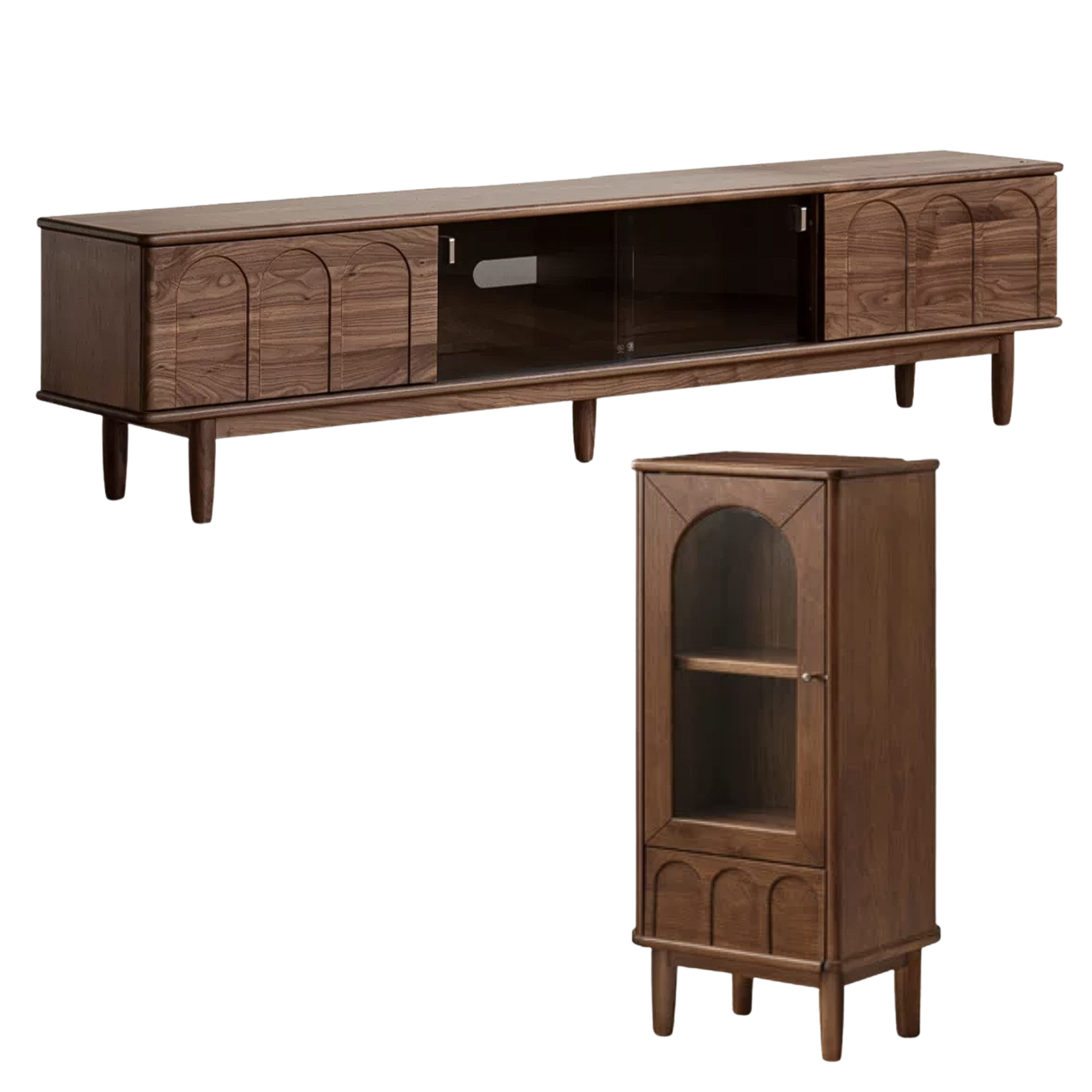 Black Walnut Solid Wood TV Stand with Arched Fluted Door Panels, Tapered Legs