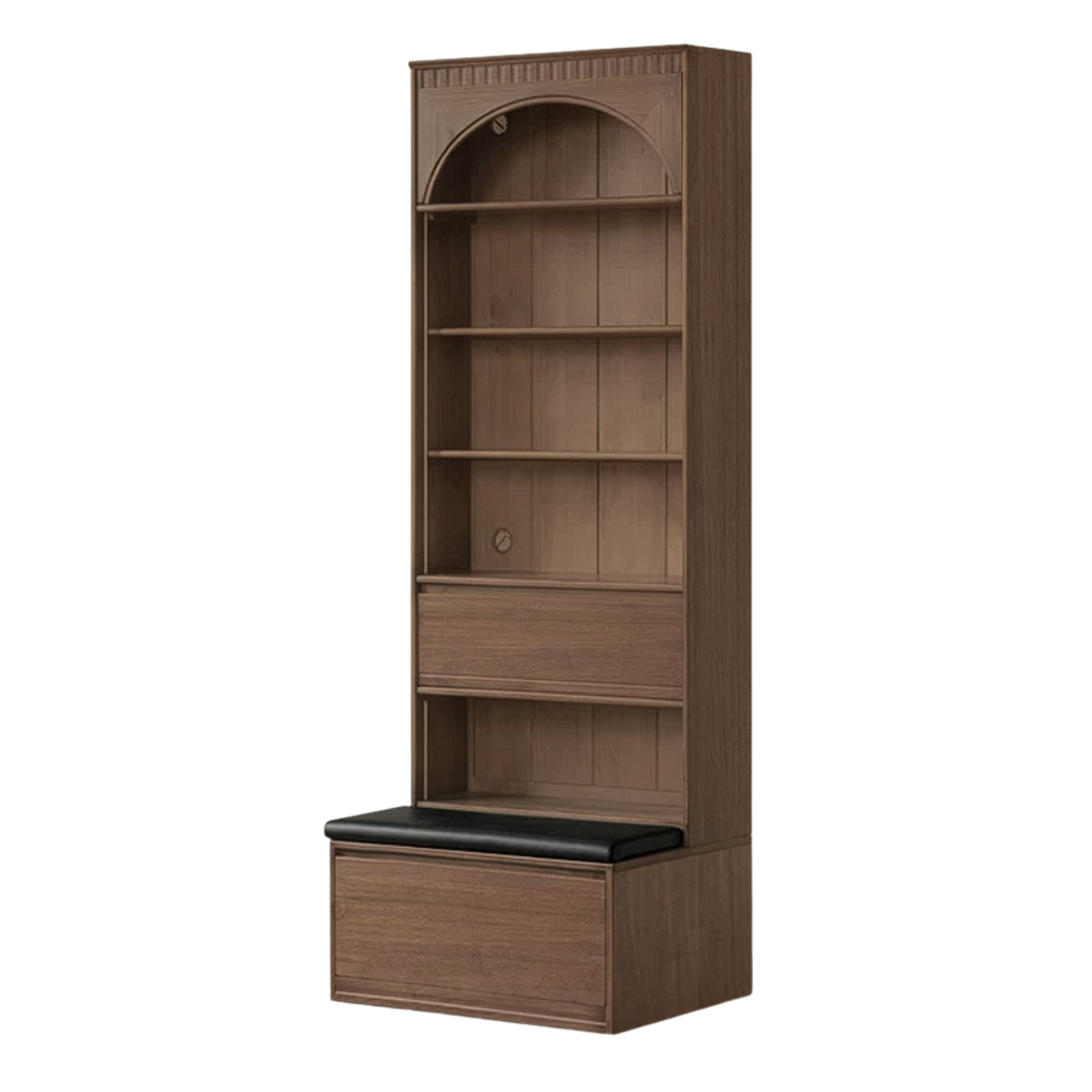 Black Walnut, Sandalwood Solid Wood Library Wall Unit with Arched Glass Doors