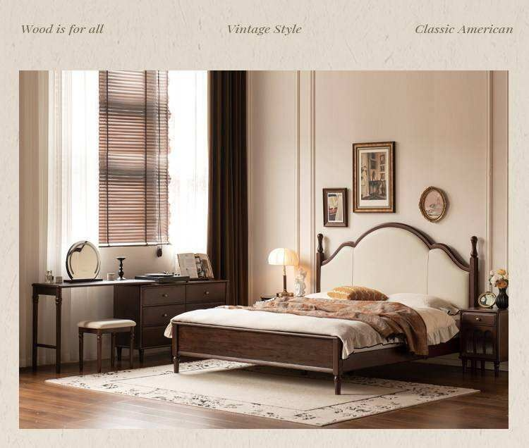 Ash Solid Wood Upholstered Bed with Tall Arched Headboard and Turned Finial Posts