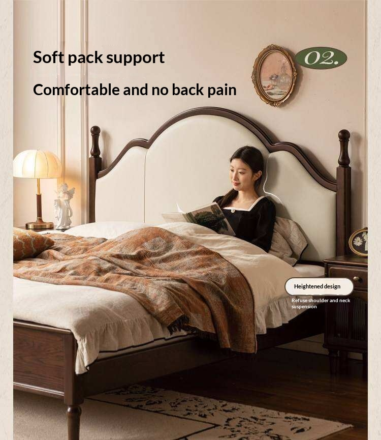 Ash Solid Wood Upholstered Bed with Tall Arched Headboard and Turned Finial Posts