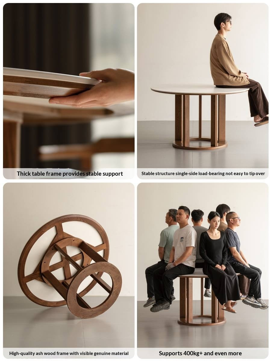 Ash Solid Wood Rock Plate Dining Table with Rotary Wheel