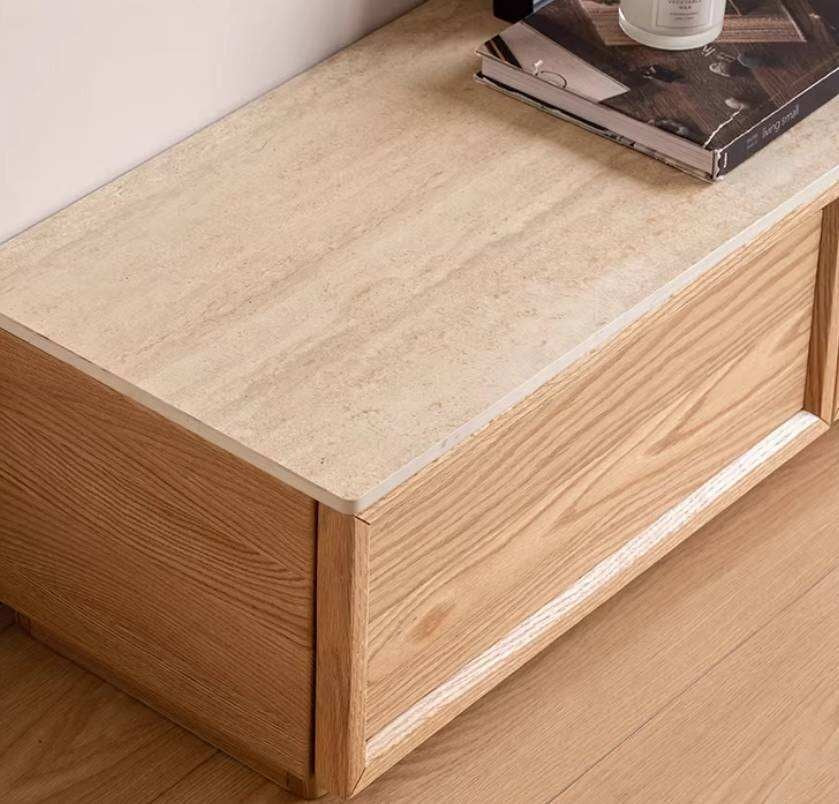 Oak Solid Wood TV Stand with Integrated Storage and Stone Top Panel