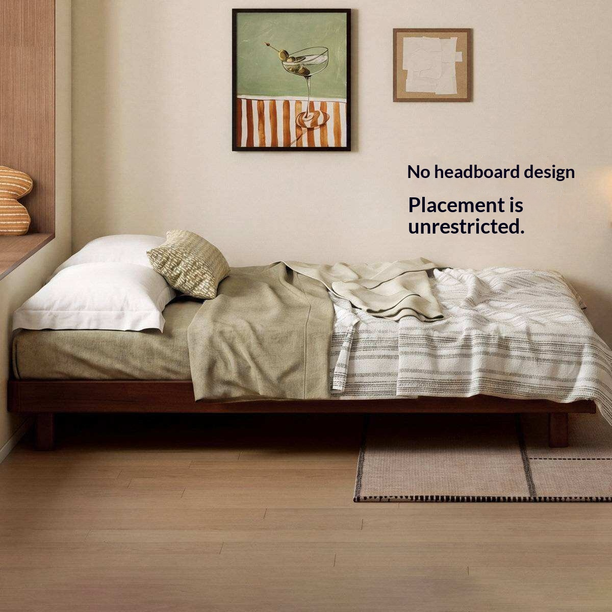 Rubberwood Solid Wood Modern Low Platform Bed Without Headboard