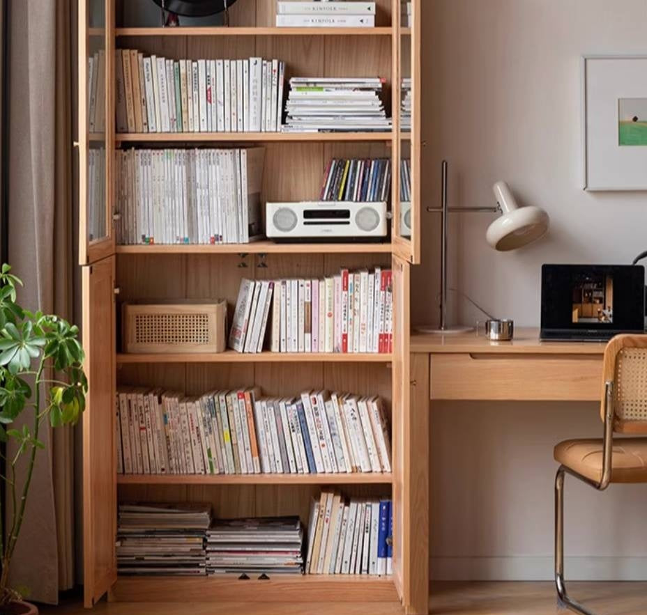 Oak, Solid Rubberwood Bookcase With Glass Doors