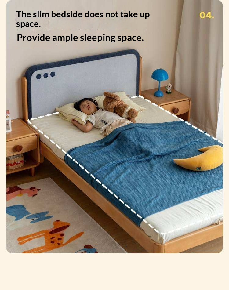 Beech Solid Wood Kids Montessori Platform Bed with Upholstered Headboard