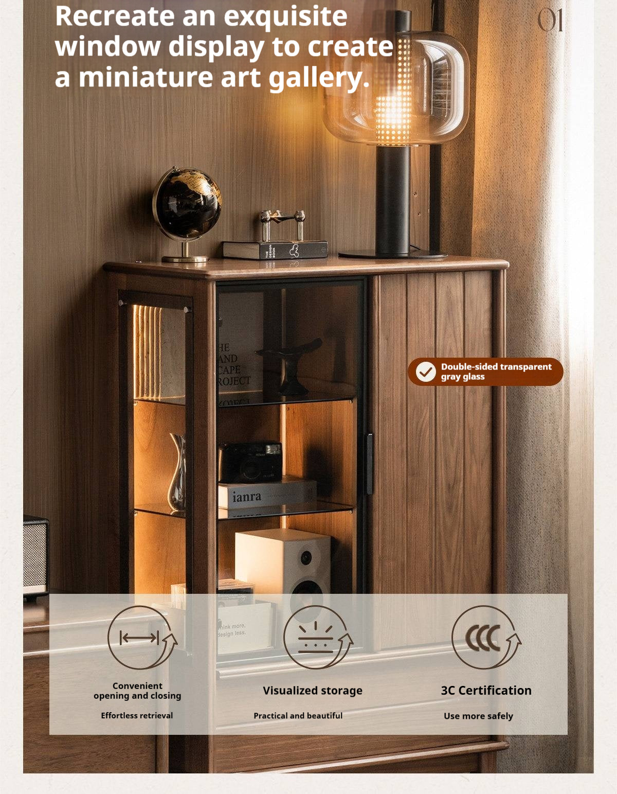 Black Walnut Solid Wood, Solid Longan Hardwood Wine Bar Cabinet with LED Lighting and Glass Door