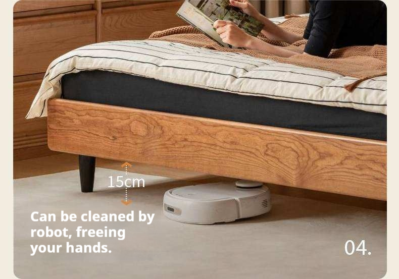 Cherry Solid Wood Genuine Leather Curved Upholstered Headboard Platform Bed
