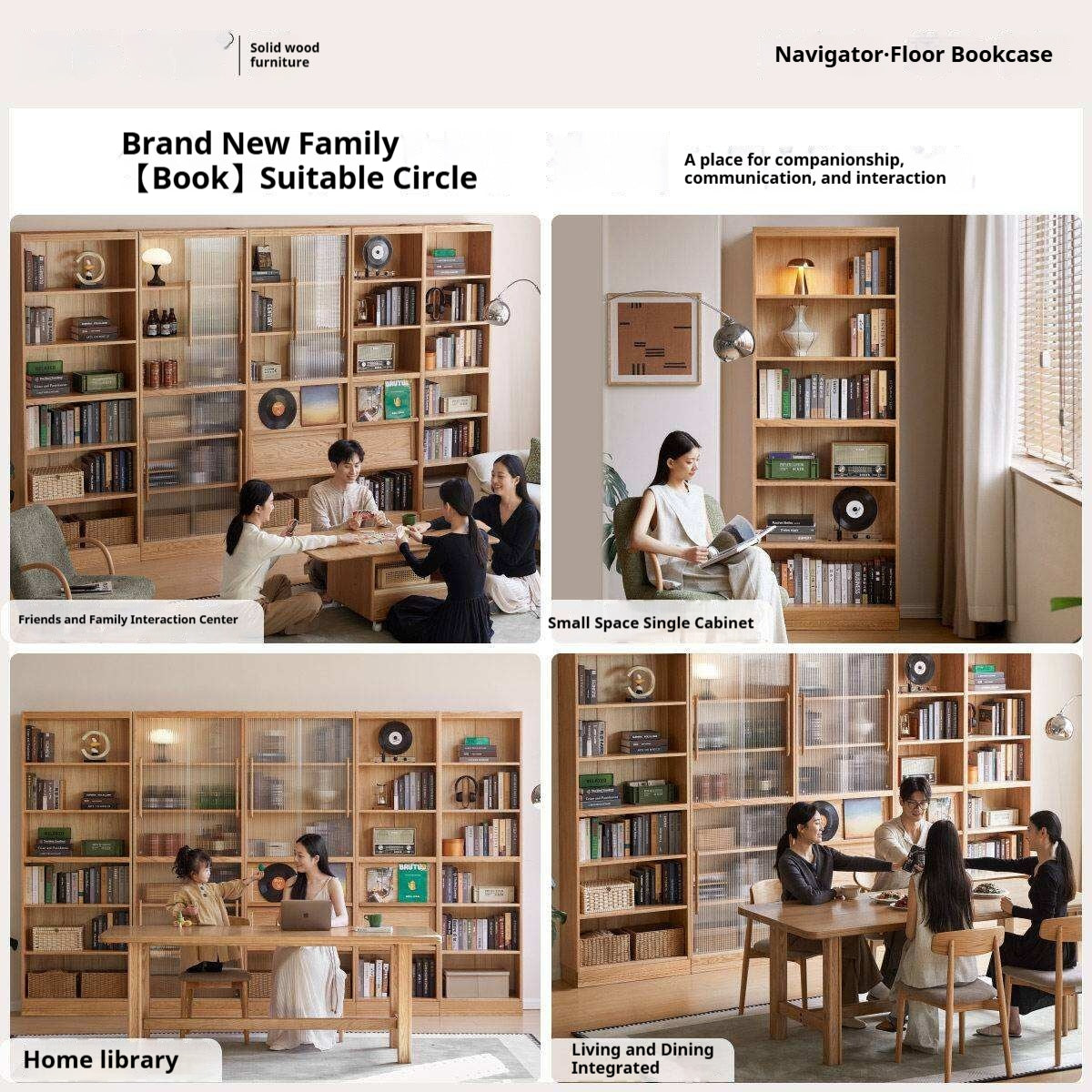 Ash, Oak, Cherry Solid Wood Bookshelf Integrated Wall-Mounted