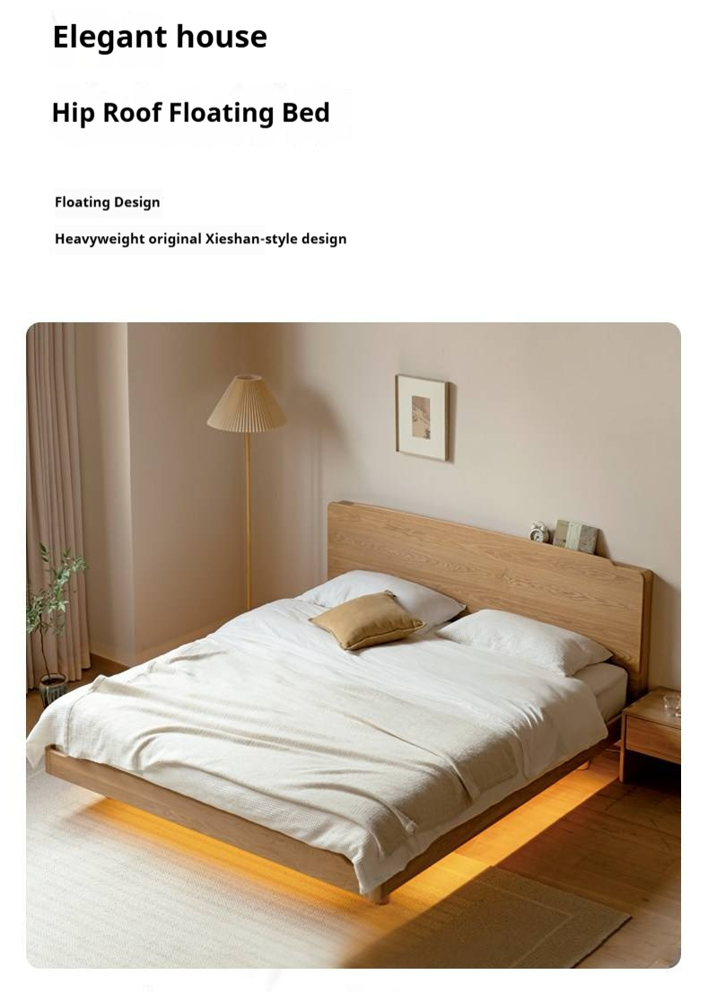 Ash Solid Wood Floating Bed — Large Slab, Simple Modern Design