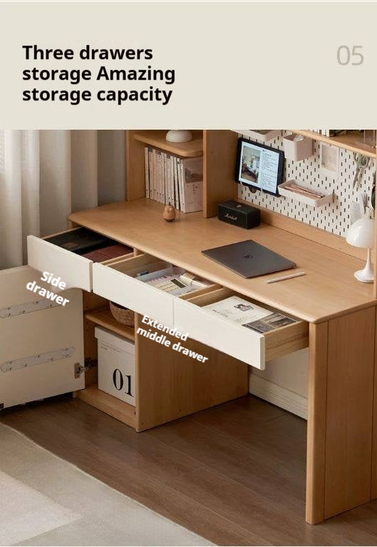 Beech Solid Wood Desk Bookshelf Integrated Study