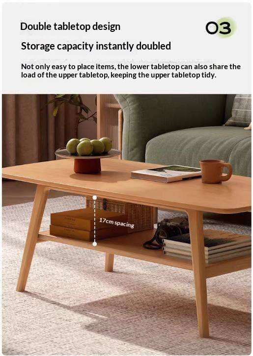 Solid RubberWood Coffee Table with Double Layer in Nordic Style