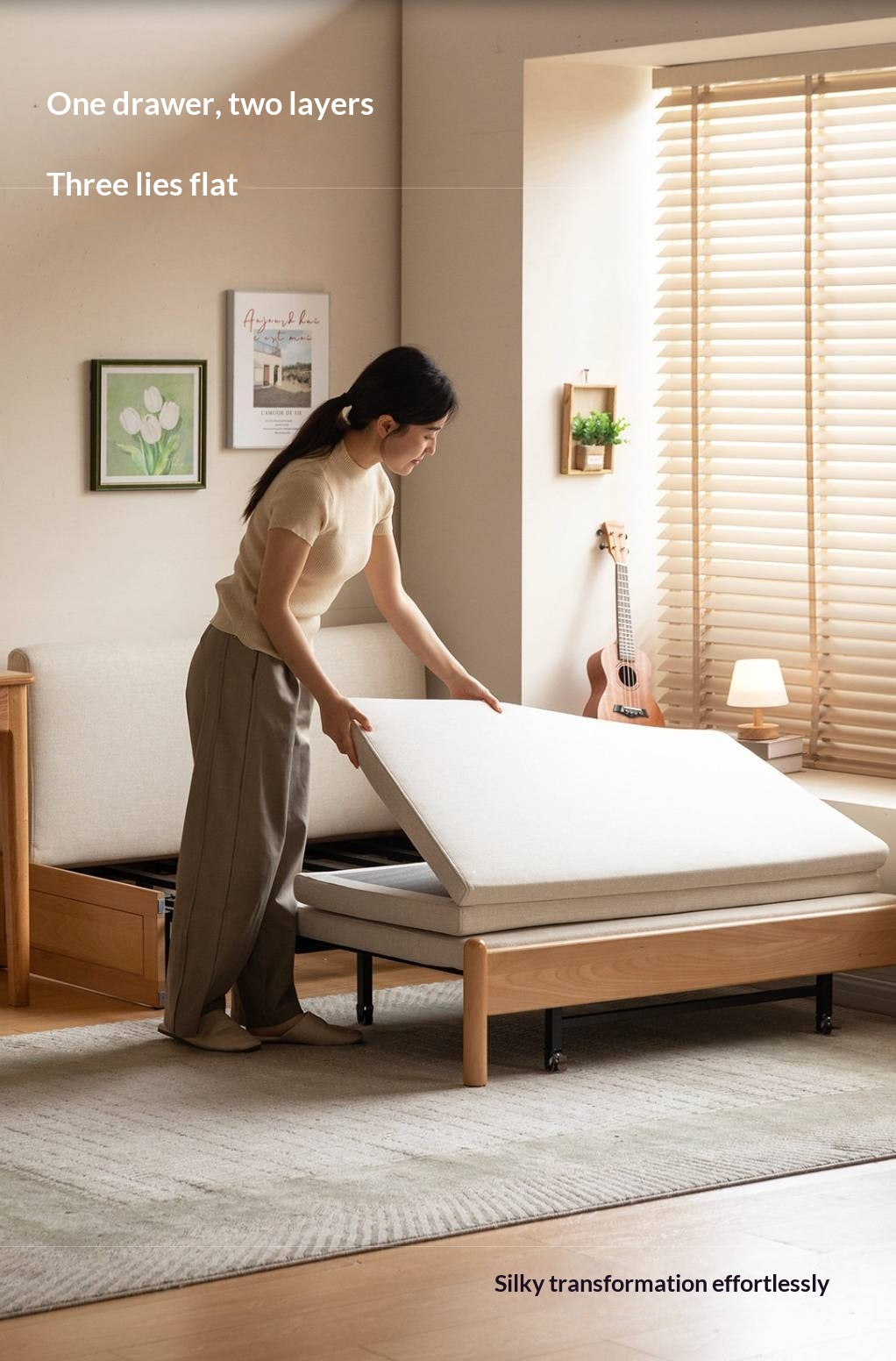 Beech Solid Wood Minimalist Pull-Out Sofa Bed