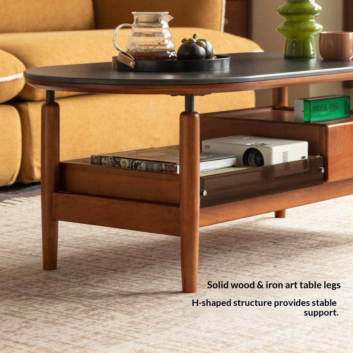 Tulipwood Solid Wood Coffee Table with Rock Slab Top in Retro Style
