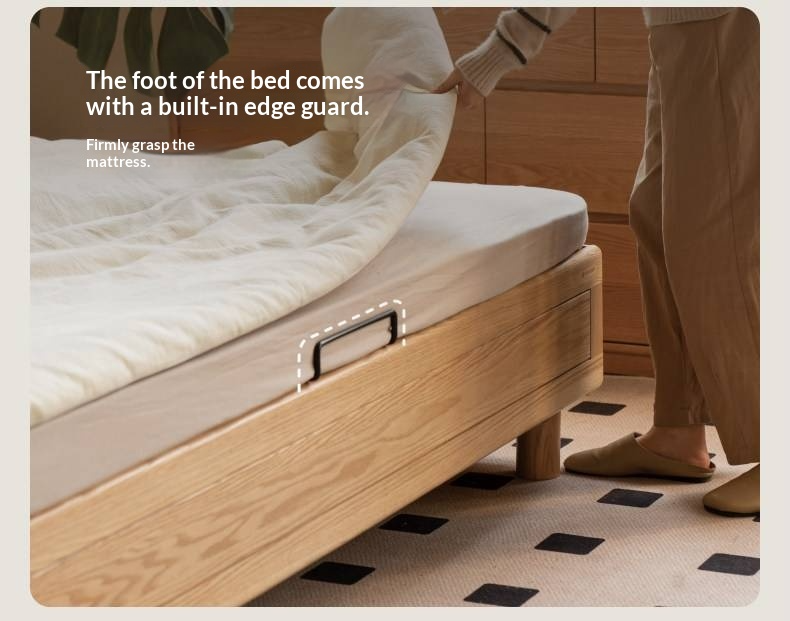 Oak Solid Wood Platform Storage Bed with Hidden Drawers and Bedside Shelf
