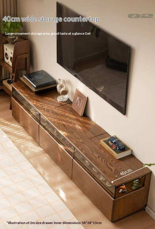 Ash Solid Wood TV Cabinet with Floor-Standing Storage and Display Shelves