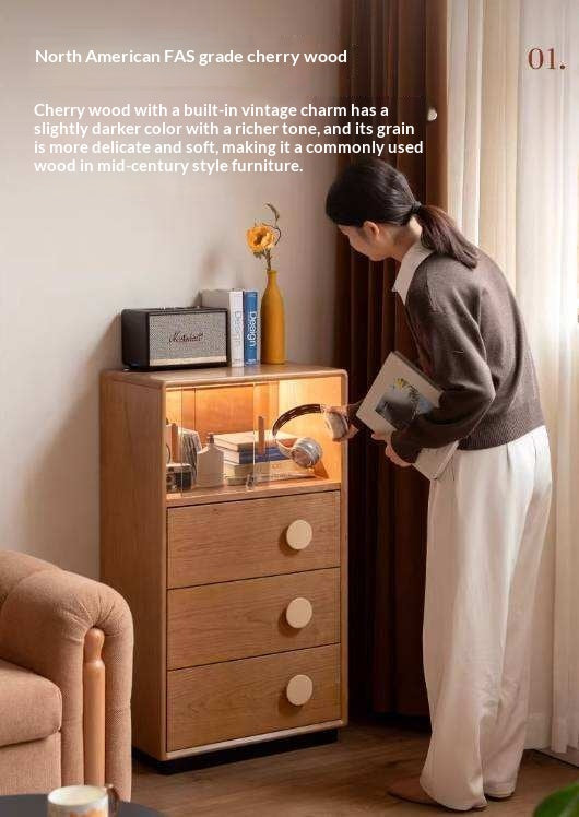 Cherry Solid Wood Side Cabinet with Drawer Storage and Antique Accents