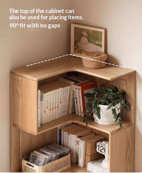 Oak Solid Wood Corner Bookshelf with Floor-Standing Storage Cabinet