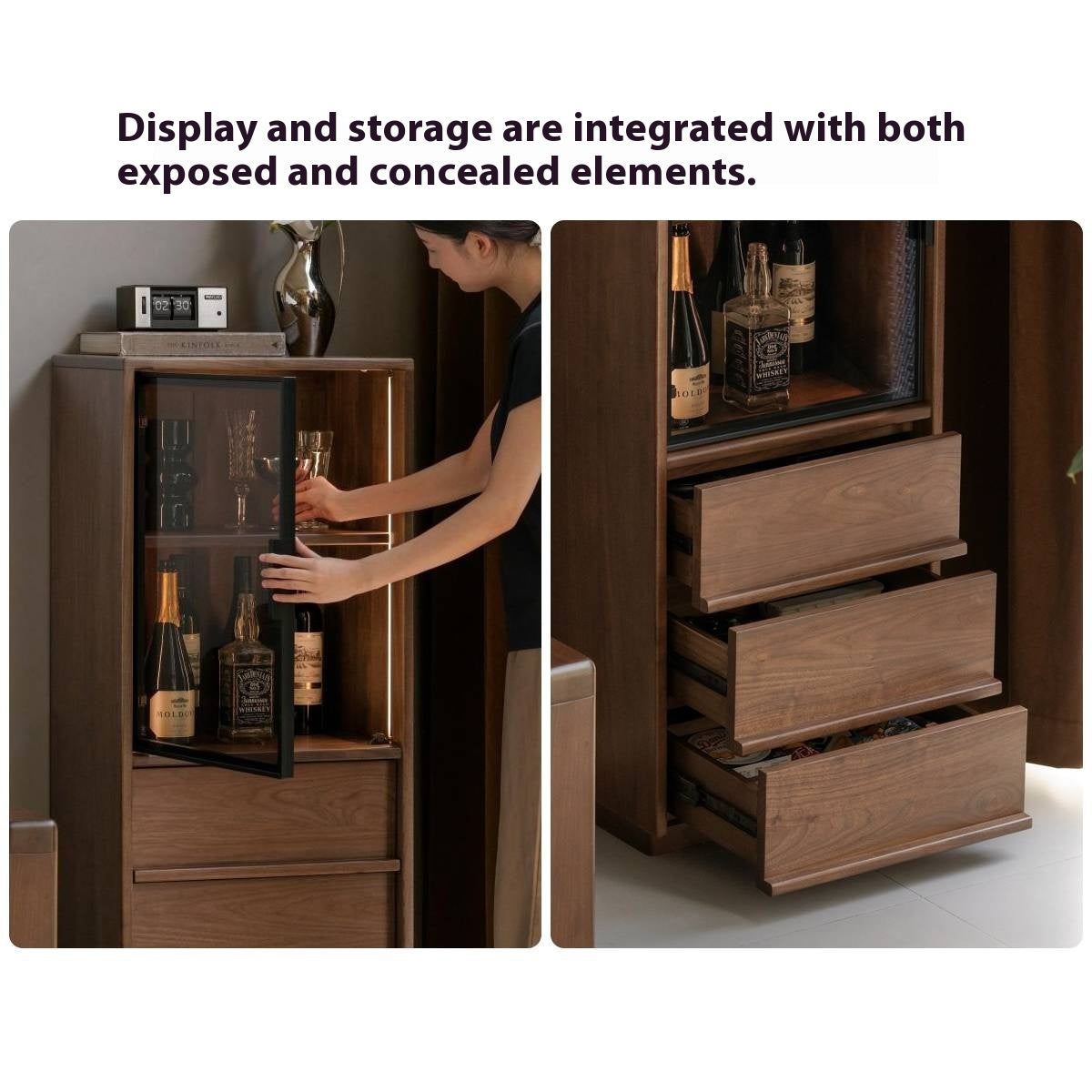 Black Walnut, Ash Solid Wood Side Cabinet With Light Display.