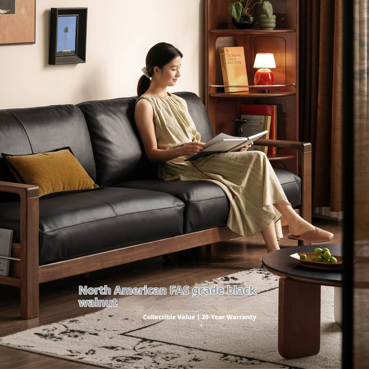 Black Walnut Solid Wood Leather Sofa