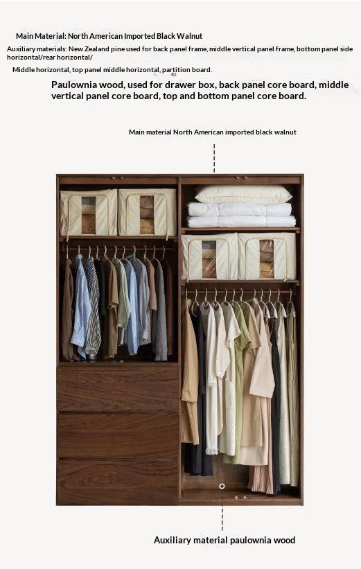 Black Walnut Solid Wood Wardrobe with Italian Style and Storage Cabinet