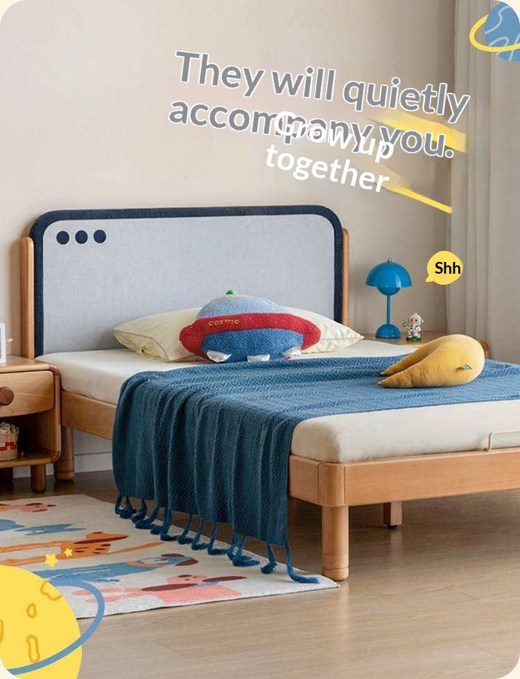 Beech Solid Wood Kids Montessori Platform Bed with Upholstered Headboard