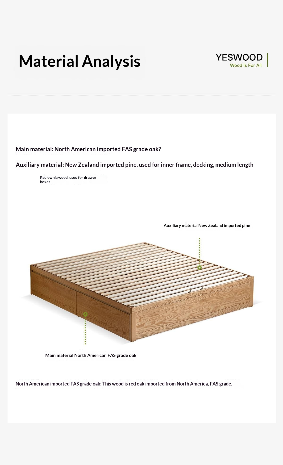 Oak Solid Wood Storage Platform Bed with Drawers, Natural Color