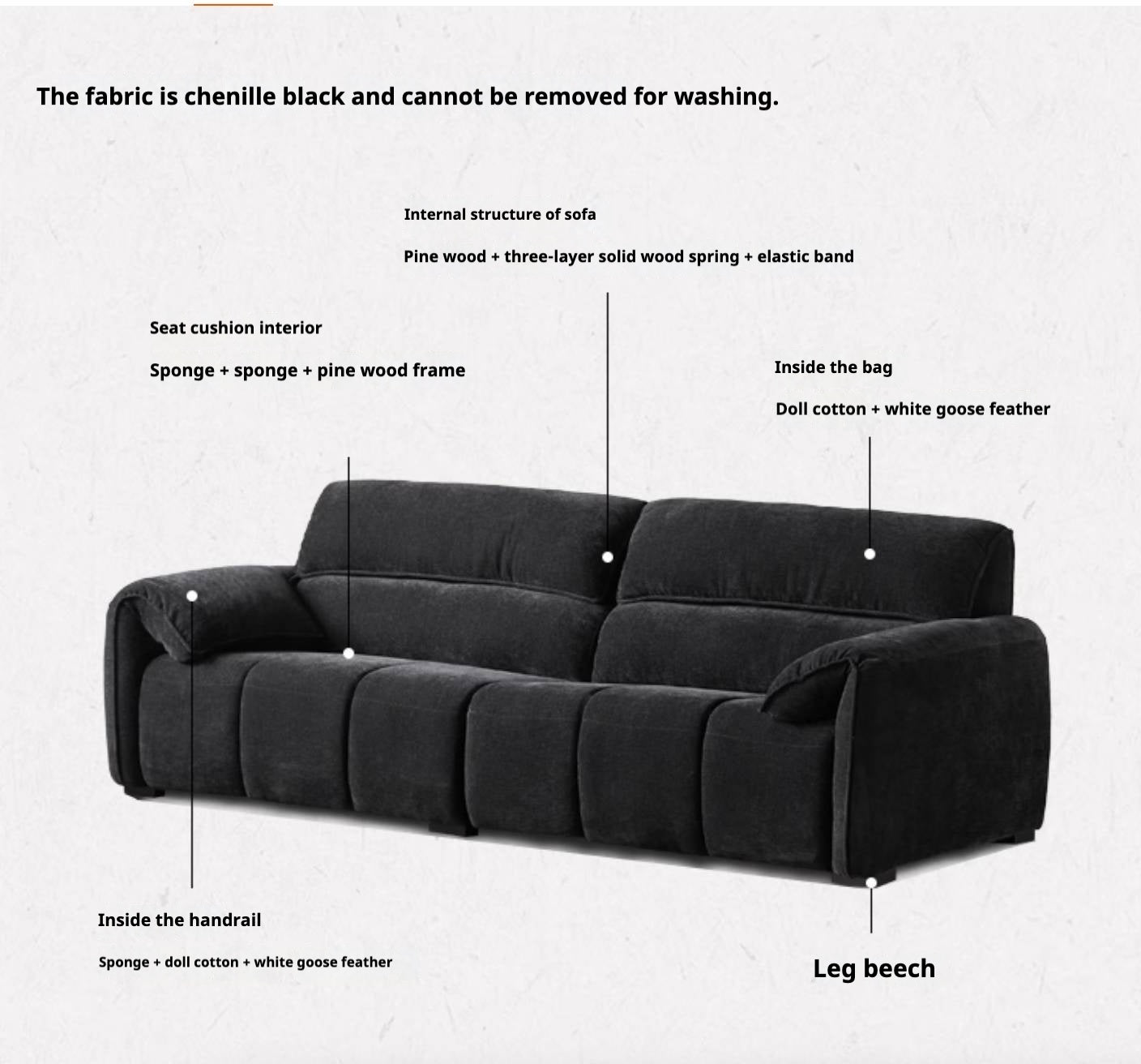 Piano-Key Black Chenille Sofa with Elephant-Ear Design