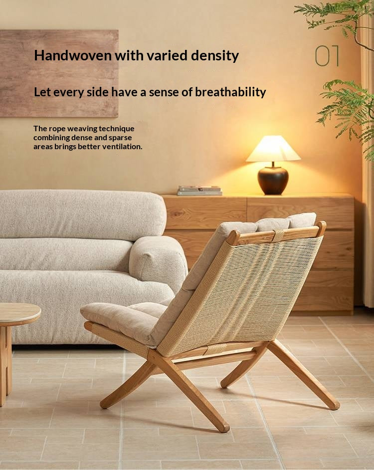 Oak Solid Wood Rope Weave Lounge Chair, Danish Mid Century Scandinavian Accent Chair