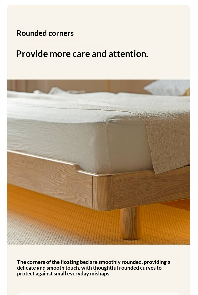 Ash Solid Wood Floating Bed — Large Slab, Simple Modern Design