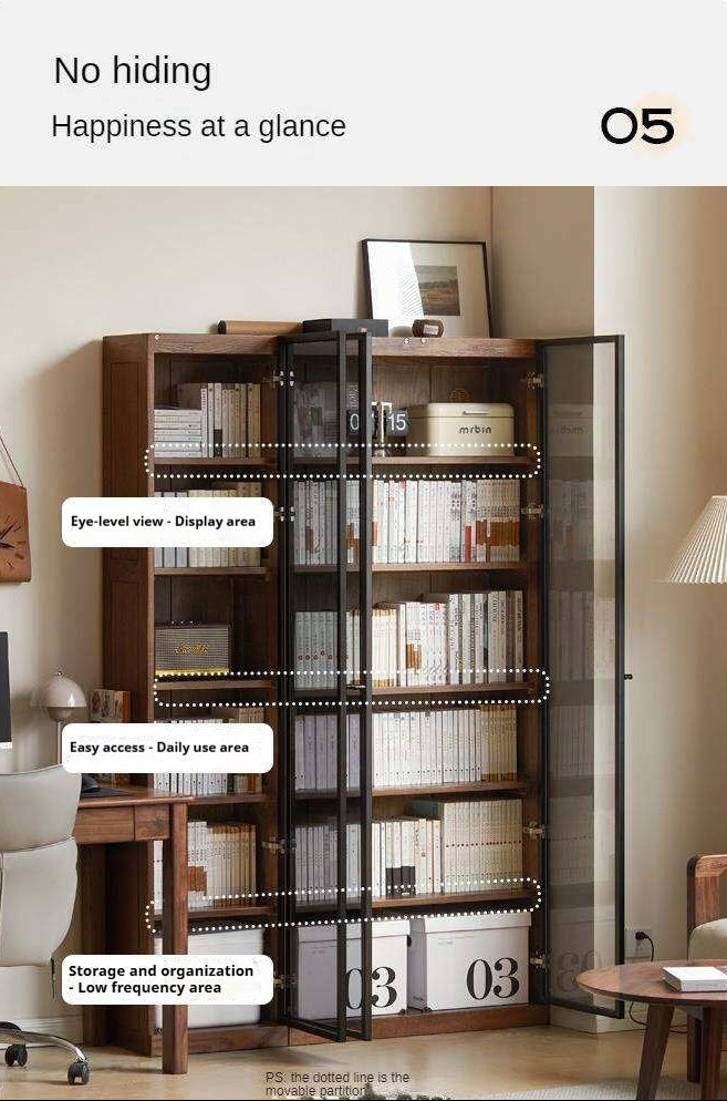 Solid Rubberwood, Oak Solid Wood Bookcase Modern With Glass Door