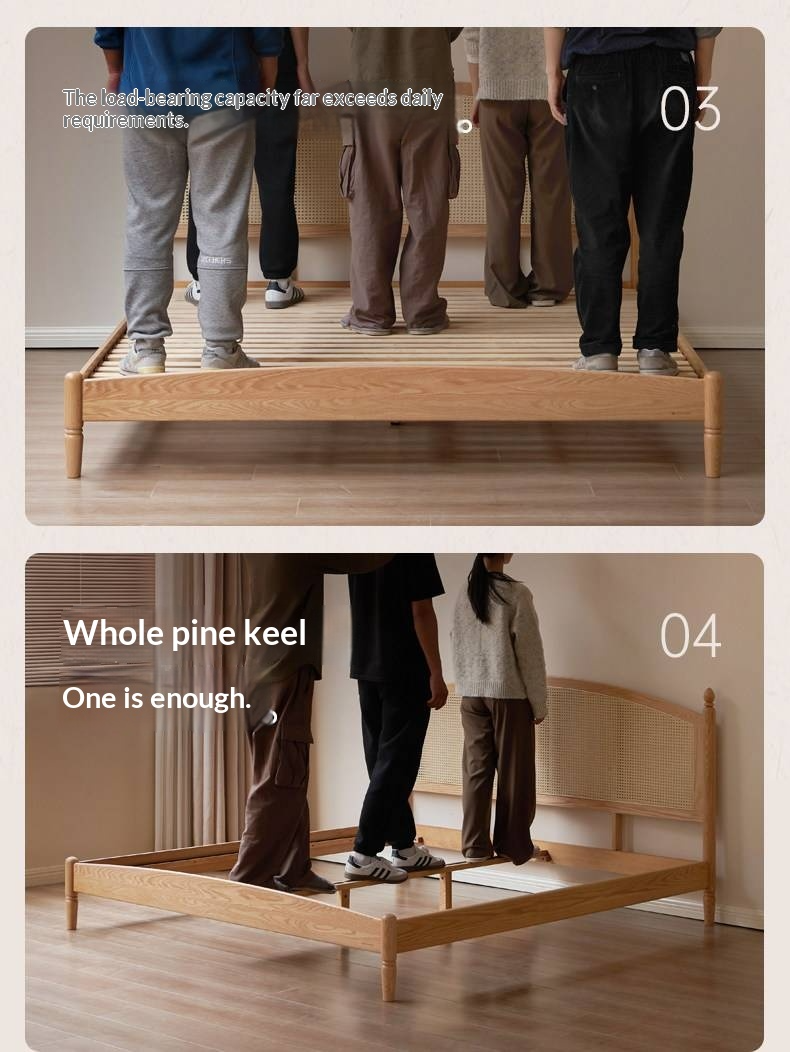 Oak Solid Wood Bed — Light Retro Style with Rattan Design