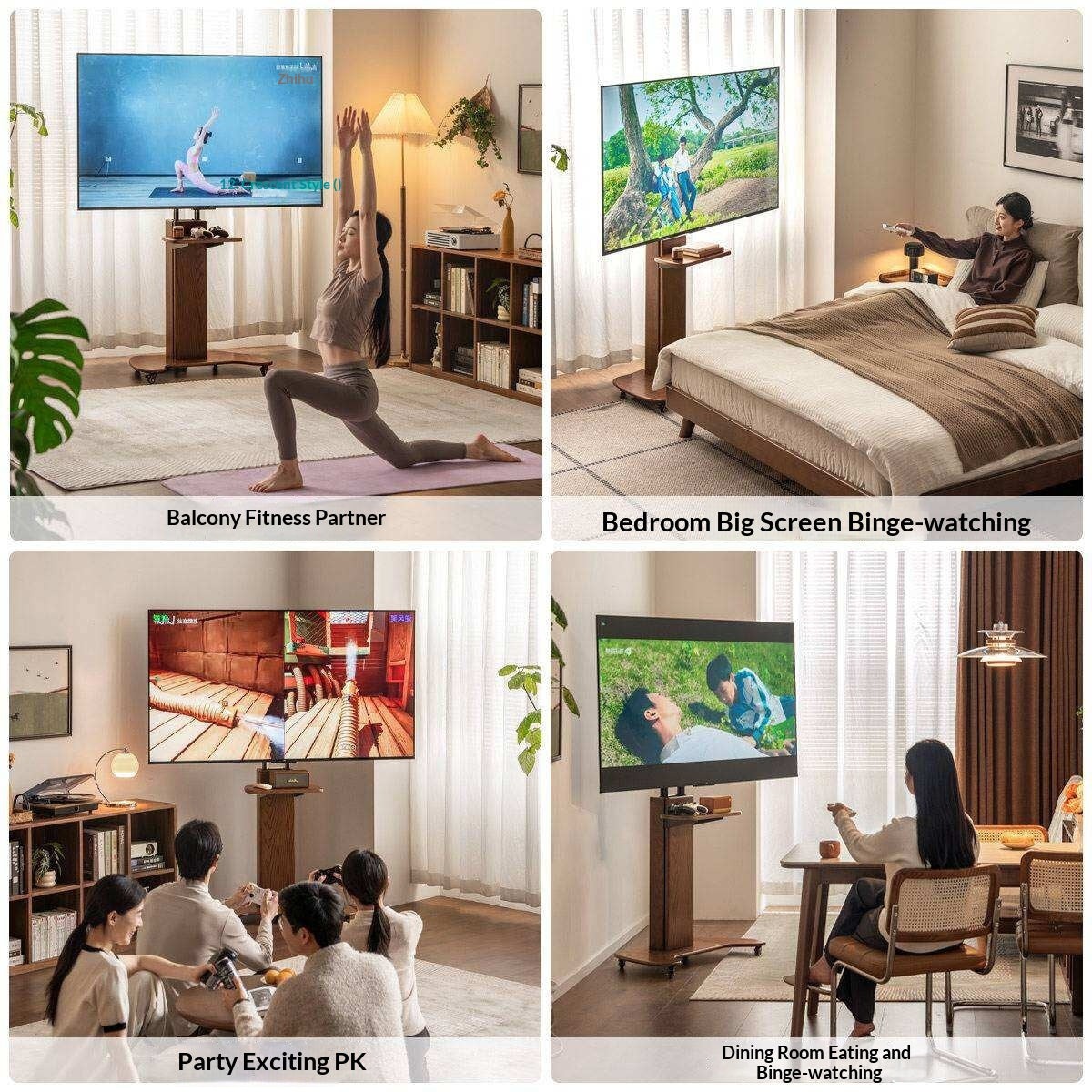 Oak Solid Wood TV Stand with Open Wall Rack and Mobile Cart Base