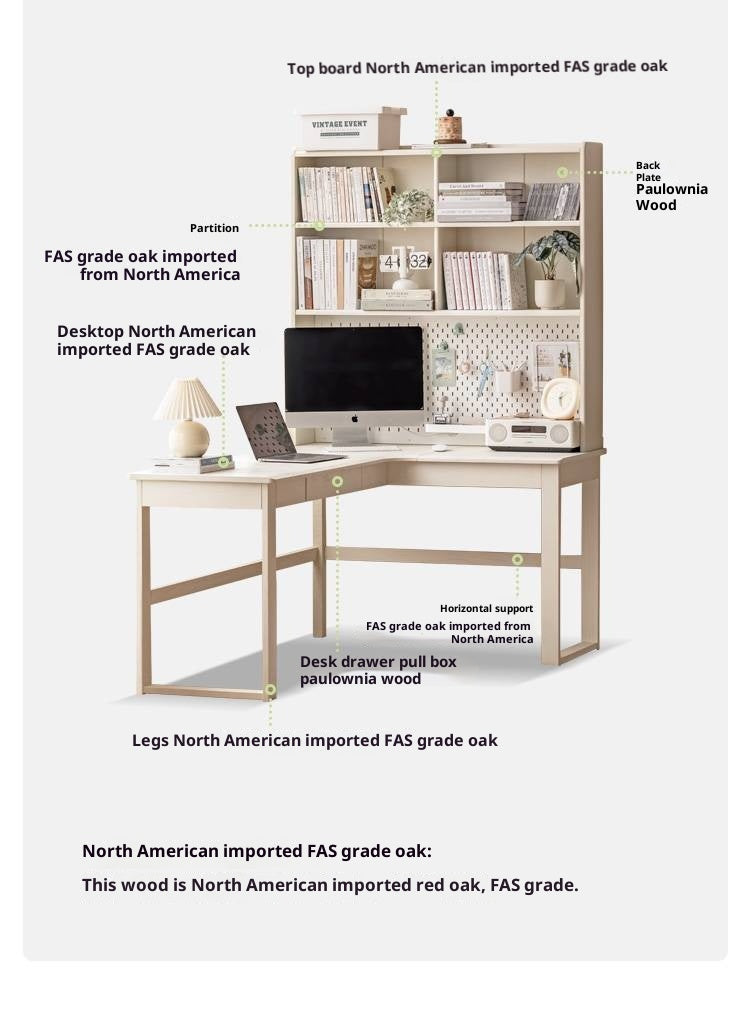 Oak Solid Wood Modern Cream Style Desk and Bookshelf Integrated