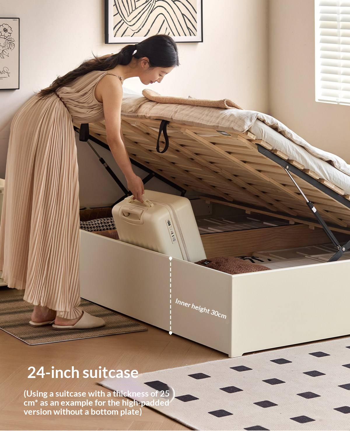 Rubberwood Solid Wood Storage Bed with No Headboard and Side-Opening Lid