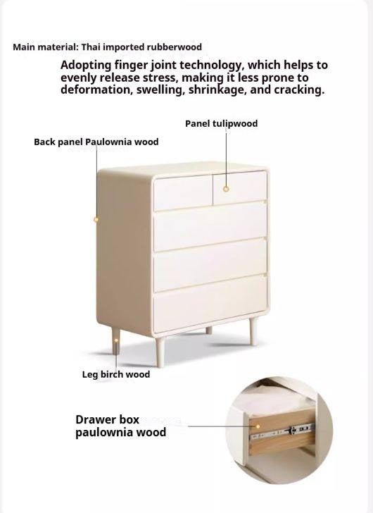 Solid Rubberwood Solid Wood Milky Cream Style Chest of Drawers
