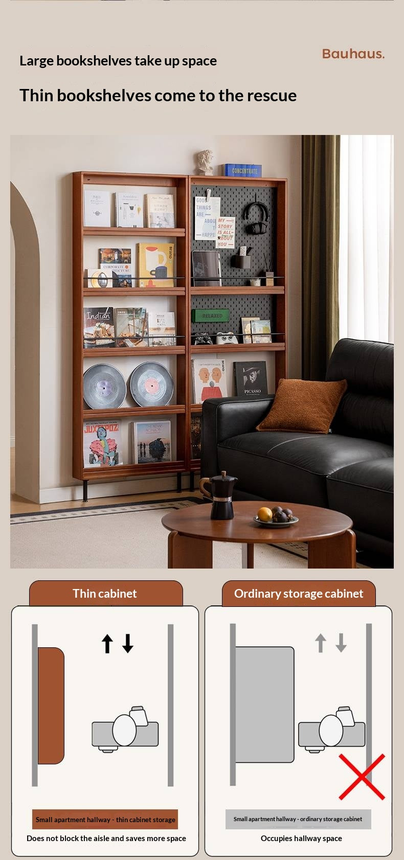 Solid Rubberwood Vintage Style Ultra-Thin Bookshelf