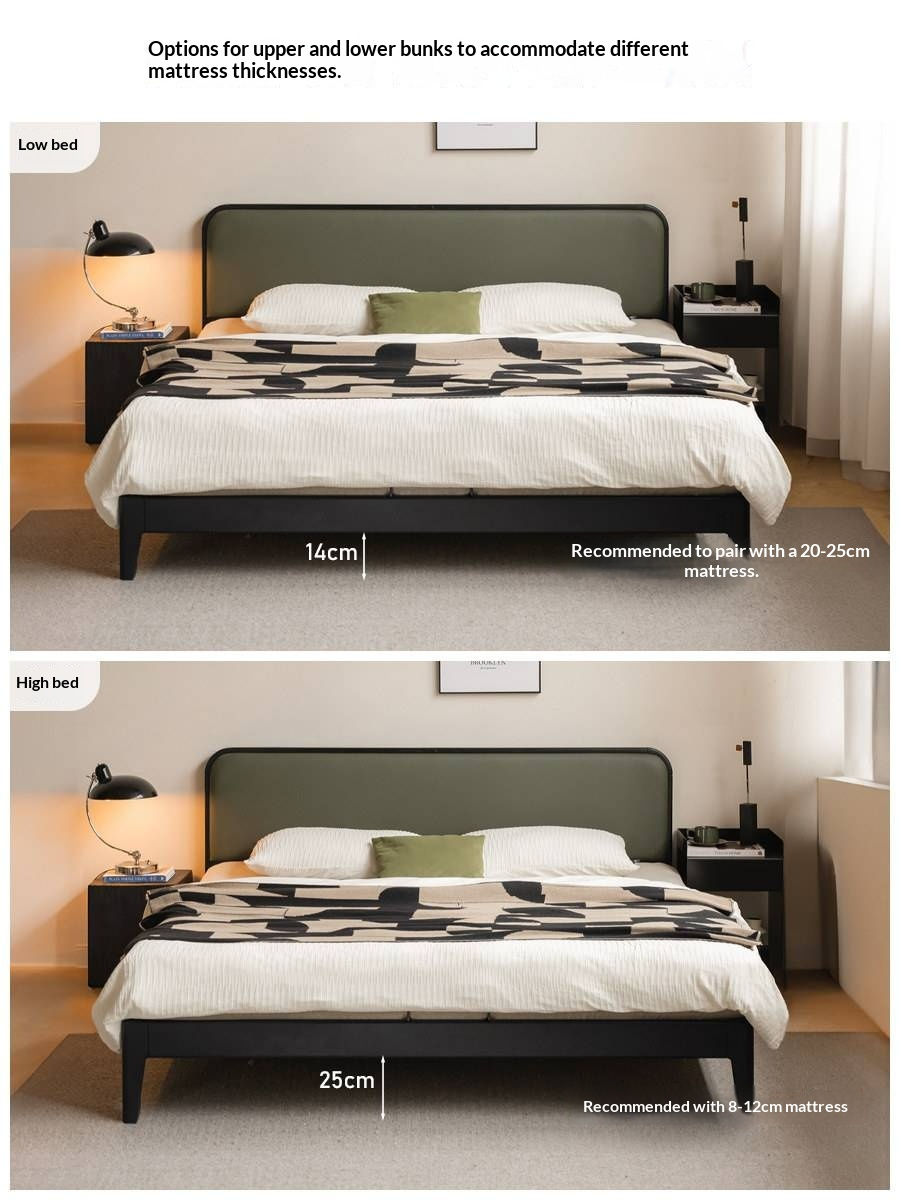 Rubberwood Solid Wood Bed — Modern Minimalist Design with Black Soft Headboard